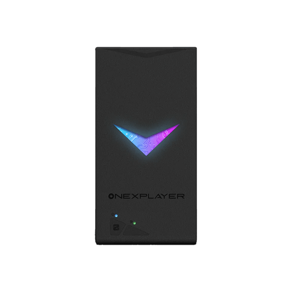 Frontpanelen på en ONEXPLAYER handhållen spelenhet. Den har en svart rektangulär design med en lysande V-formad logotyp i blått och lila. Varumärket ONEXPLAYER syns under logotypen, tillsammans med två små indikatorlampor.