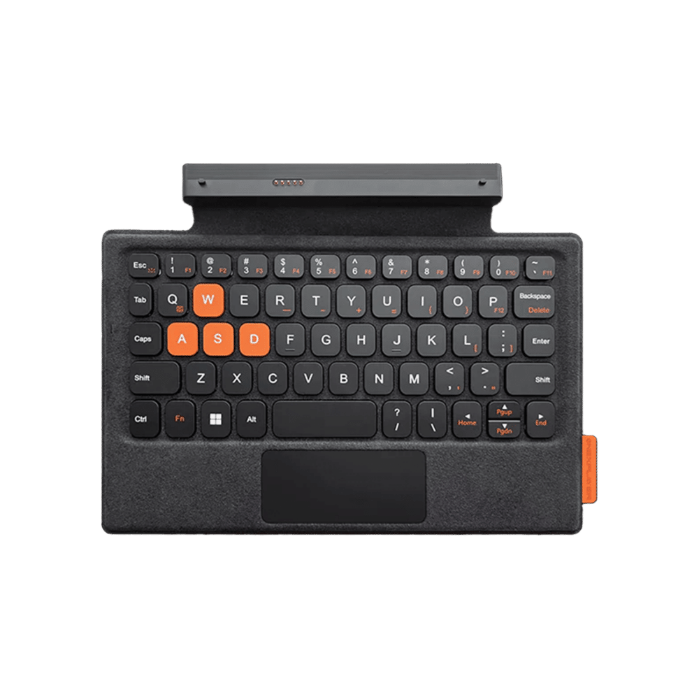 Un teclado desmontable para el dispositivo ONEXPLAYER . Tiene un diseño compacto con teclas negras y resaltes naranjas en algunas teclas como WASD. El teclado incluye un pequeño touchpad y se conecta al dispositivo mediante un conector en la parte superior.