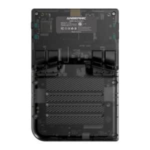 Vue arrière de la console de jeu portable Anbernic RG40XXV en noir transparent, montrant les boutons d'épaule (L1, L2, R1, R2) et les rainures de ventilation. La marque Anbernic et l'étiquette des spécifications du produit sont visibles en haut.