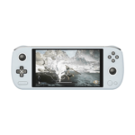 A white AYANEO AIR Plus handheld gaming console featuring a 6-inch screen displaying a fantasy action game with a player character battling a large white dragon in a snowy mountain environment. The console has a classic game controller layout with a directional pad on the left, action buttons (X, Y, A, B) on the right, and a joystick on each side. The device's ergonomic design is sleek and modern.