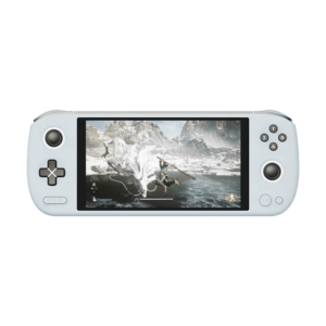 Console de jeu portable blanche AYANEO AIR Plus avec un écran de 6 pouces affichant un jeu d&#039;action fantastique dans lequel le joueur affronte un grand dragon blanc dans un environnement de montagne enneigée. La console est dotée d&#039;une manette de jeu classique avec un pavé directionnel à gauche, des boutons d&#039;action (X, Y, A, B) à droite et un joystick de chaque côté. Le design ergonomique de l&#039;appareil est élégant et moderne.