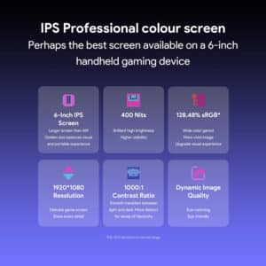 A promotional graphic highlighting the AYANEO AIR Plus's IPS professional color screen. Key features such as the 6-inch display, 400 nits brightness, 1920x1080 resolution, 128.48% sRGB color gamut, 1000:1 contrast ratio, and dynamic image quality are highlighted to showcase the visual performance of the device.