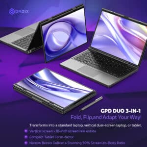 Infographic demonstrating the GPD Duo’s 3-in-1 design, allowing it to transform into a standard laptop, vertical dual-screen laptop, or tablet. The vertical screen offers 18 inches of real estate, and the device has a compact tablet form factor with narrow bezels and a 90% screen-to-body ratio.