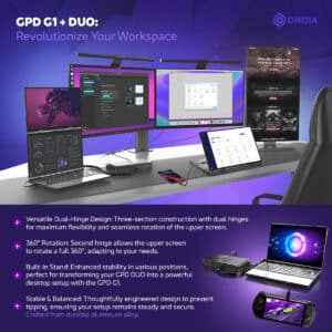 Infographic showcasing the GPD Duo's compatibility with the GPD G1 for a powerful workstation setup. Features include a versatile dual-hinge design with a 360° rotation for the upper screen, built-in stand for various positions, and enhanced stability. The setup is crafted from durable aluminum alloy, making it ideal for transforming into a desktop experience.