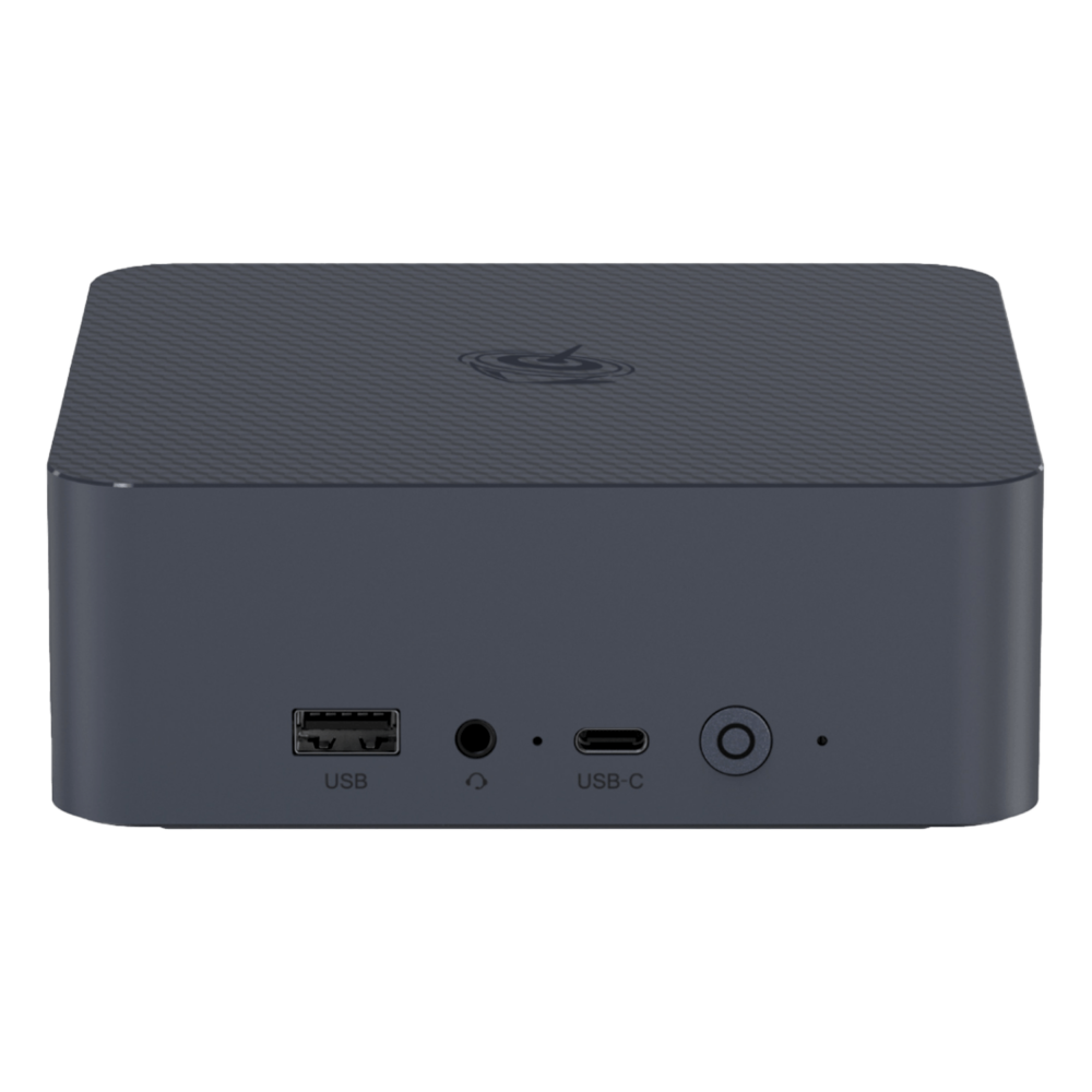 The front view of a compact Beelink EQI12 Mini PC in dark grey. It features a USB-A port, a 3.5mm headphone jack, a USB-C port, and a power button. The casing has a textured design on the top with a circular logo.