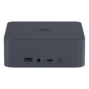 The front view of a compact Beelink EQI12 Mini PC in dark grey. It features a USB-A port, a 3.5mm headphone jack, a USB-C port, and a power button. The casing has a textured design on the top with a circular logo.