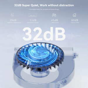 Illustrazione di una ventola di raffreddamento silenziosa e a bassa velocità che emette solo 32 dB di rumore, a dimostrazione del suo funzionamento silenzioso. La ventola è rappresentata da una grafica blu vorticosa, che enfatizza il rumore minimo. Il confronto con i livelli di rumore dell'ambiente e dell'ufficio indica che questa ventola è più silenziosa rispetto agli ambienti tipici degli uffici.