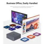 Visual of a Beelink mini PC surrounded by icons of popular office software applications Photoshop Illustrator Premiere Pro Word Excel and PowerPoint The setup signifies the devices ability to handle essential office tasks and light editing with a focus on smooth and stable performance
