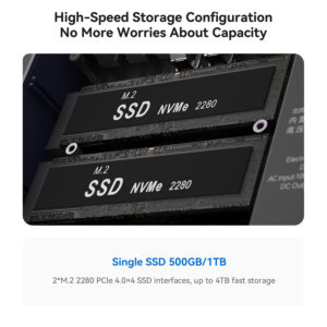 Primer plano de dos ranuras para SSD M.2 NVMe, con la etiqueta &quot;SSD NVMe 2280&quot;. La imagen enfatiza las capacidades de almacenamiento de alta velocidad, con texto que señala las opciones para una sola configuración SSD de 500 GB o 1 TB y soporte para hasta 4 TB a través de interfaces PCIe 4.0 duales, lo que garantiza un amplio almacenamiento para los usuarios.