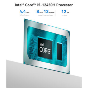 Illustratie van de Intel Core i5-12450H processorchip met details over de 4,4 GHz maximale turbofrequentie, 8 kernen, 12 threads en 12 MB L3-cache. De processor wordt benadrukt om zijn krachtige mogelijkheden, ideaal voor soepel multitasken en productiviteit.