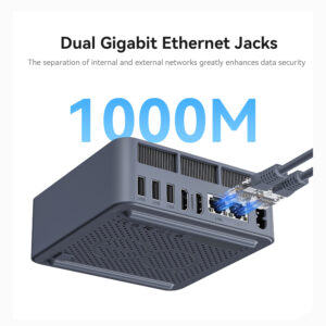 Zijaanzicht van een Beelink mini PC met twee Ethernet kabels aangesloten op dubbele LAN poorten, elk geschikt voor 1000Mbps snelheden. De dubbele poorten maken gescheiden interne en externe netwerken mogelijk, wat de gegevensbeveiliging verbetert en robuust netwerkbeheer ondersteunt.