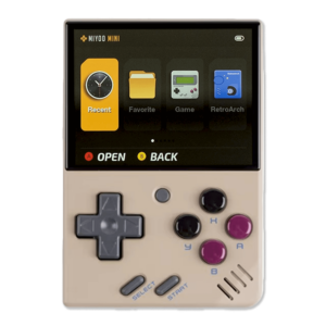 Miyoo Mini V4 in retro gray: A handheld gaming device in a retro gray color. The screen displays the menu interface with options like Recent, Favorite, Game, and RetroArch. It features a classic D-pad, two action buttons, and function buttons for Select and Start.