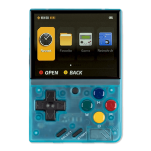 Miyoo Mini V4 in transparent blue: A handheld gaming console in transparent blue, showcasing internal details. The screen displays the main menu, and the device has a D-pad and multicolored buttons (green, blue, yellow, and red) alongside Select and Start buttons.