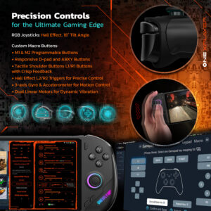 Precision gaming controls of the ONEXPLAYER F1 Pro featuring RGB joysticks with Hall effect technology, 18° tilt angle, programmable M1/M2 buttons, tactile ABXY and shoulder buttons, Hall effect triggers, 3-axis gyroscope, accelerometer, and dual linear vibration motors for immersive gameplay.