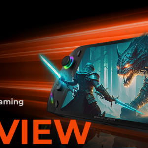 A promotional image for the ONEXPLAYER F1 Pro handheld gaming PC. The device is displayed with a fantasy-themed game on its screen, featuring a warrior with a glowing sword facing a monstrous creature in a dark forest. The background has a motion-blur effect in orange tones, emphasizing speed. The text reads 'Fastest PC Gaming Handheld?' and 'REVIEW' in bold orange letters