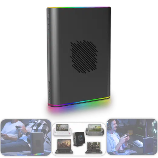 The ONEXGPU 2 shown vertically with vibrant RGB lighting around its base accompanied by lifestyle imagery below showcasing its use in gaming setups connected to various handheld and laptop devices