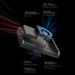 An internal view of the ONEXGPU 2 showcasing its cooling system featuring a large fin area 202000 mm² vapor chamber 16500 mm² and fans capable of 2075 CFM airflow and 3600 RPM rotation Detailed airflow paths are illustrated with red and blue effects