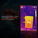 Thermal imaging of the ONEXGPU device indicating temperature remains below 45°C after 19 hours of operation with a background of a dark racetrack and car graphics