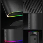 Collage of close up views of the ONEXGPU showcasing its sleek black design RGB lighting accents air vents power buttons and connection ports with a minimalist futuristic aesthetic
