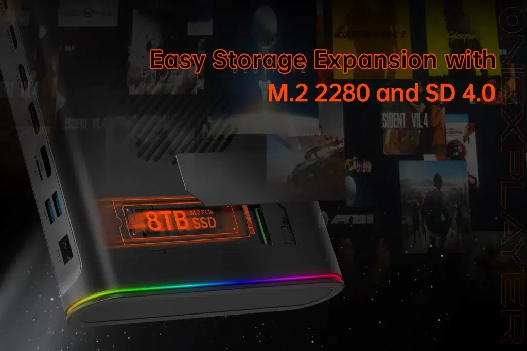 Onexgpu2EGPUamd7800m4 DROIX Global A close up of the ONEXGPU 2 showing its storage expansion capabilities highlighting support for M2 2280 and SD 40 with an 8TB SSD displayed inside the device RGB lighting is visible along the devices bottom edge