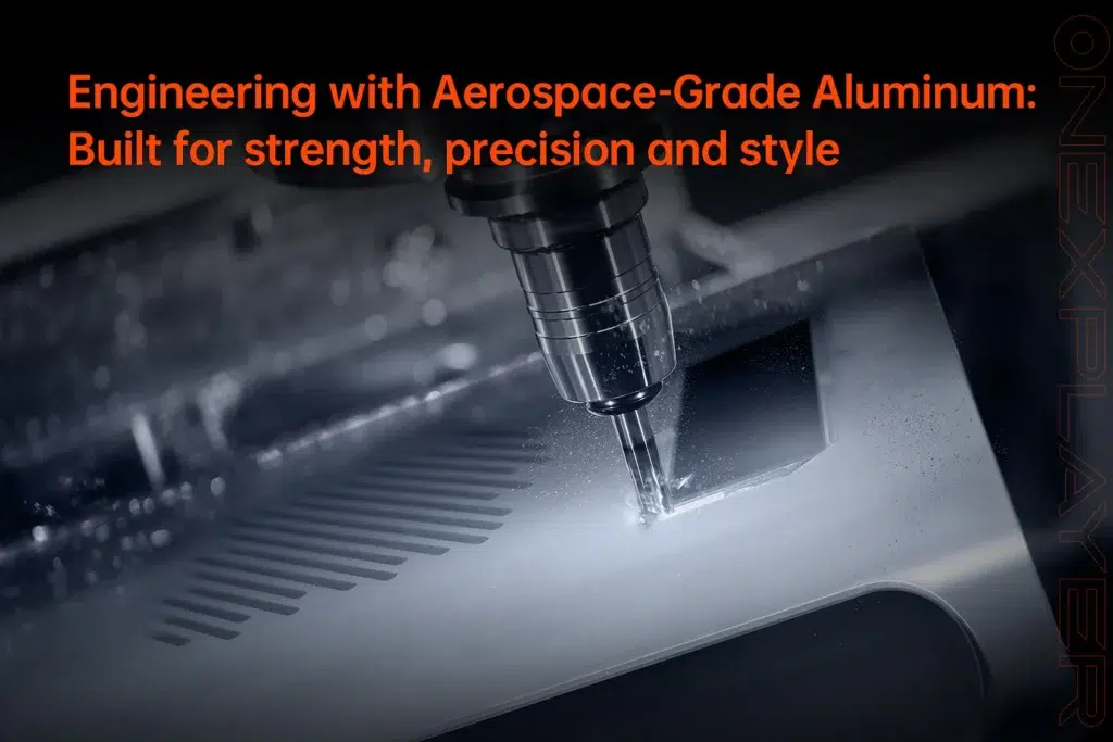 Onexgpu2EGPUamd7800m8 DROIX Global Close up view of the ONEXGPU 2 being machined from aerospace grade aluminum emphasizing strength precision and style A milling tool is shown cutting into the device's surface, illustrating its high-quality engineering.