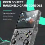 A close up of the R36S handheld consoles screen displaying a racing game The text highlights its open source Linux operating system high end configuration support for various emulators and smooth performance emphasizing the consoles capability for gaming