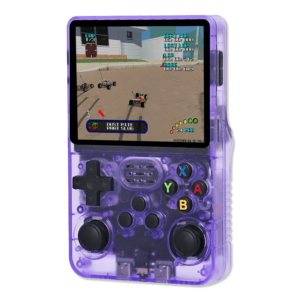 Transparent Purple R36S Console: The R36S handheld console in a vibrant translucent orange casing, showing a racing game on its screen with detailed graphics of remote-controlled cars on a track. The buttons are clearly visible on the front of the console.