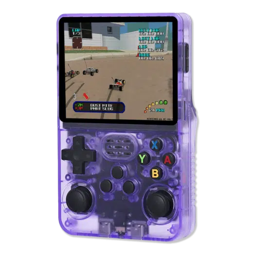 Transparent Purple R36S Console The R36S handheld console in a vibrant translucent orange casing showing a racing game on its screen with detailed graphics of remote controlled cars on a track The buttons are clearly visible on the front of the console