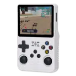 R36SWHITELISTINGDONE01 DROIX Global White R36S Console The R36S handheld console in a vibrant translucent orange casing showing a racing game on its screen with detailed graphics of remote controlled cars on a track The buttons are clearly visible on the front of the console