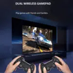 A scene with two people holding wireless game controllers playing a racing game on a large screen emphasizing the X9 consoles multiplayer capability