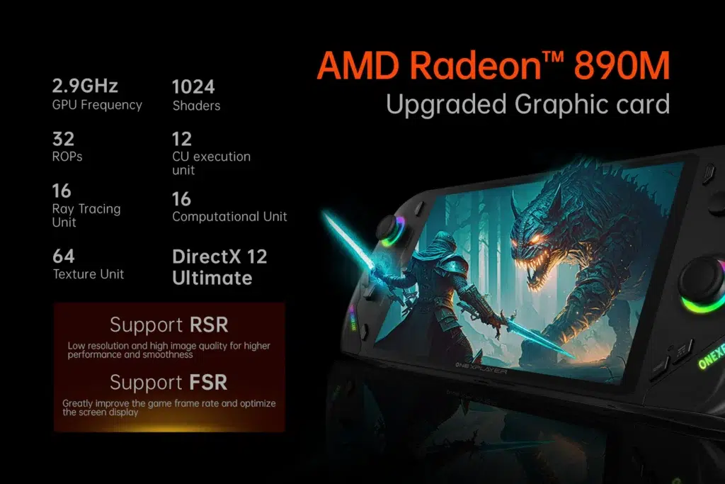 onexflygaminghandheldAMDGPU DROIX Global Specifications of the AMD Radeon 890M GPU emphasizing features like 1024 shaders 16 ray tracing units DirectX 12 Ultimate support and performance optimization through RSR and FSR technologies with an action packed game scene displayed on the ONEXFLY F1 Pro