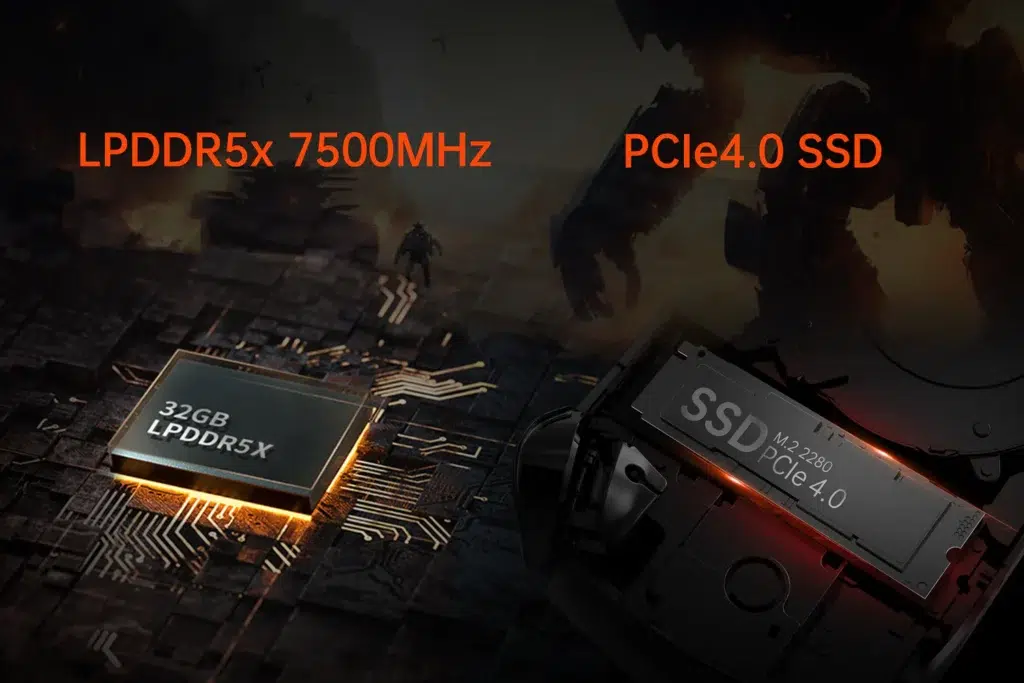 onexflygaminghandheldmemory DROIX Global Highlight of the ONEXFLY F1 Pro's performance features, including 32GB LPDDR5x RAM running at 7500MHz and support for PCIe 4.0 SSDs, providing high-speed gaming and data processing capabilities.