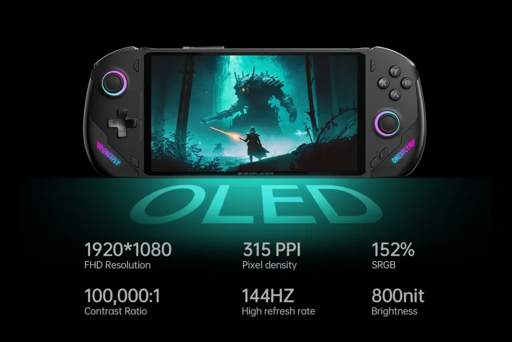 onexflygaminghandheldoledscreen DROIX Global ONEXFLY F1 Pro handheld device with an OLED display featuring a 1920x1080 FHD resolution 315 PPI pixel density 144Hz refresh rate and 800 nit brightness providing an immersive gaming experience against a vibrant fantasy themed game backdrop