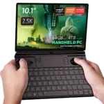 Image of the GPD Win Max 2 2025 a handheld gaming PC with a 101 inch 25K touchscreen display It features AMD Ryzen AI Pro 9 HX and Radeon 8000 Series graphics The device boasts up to 64GB RAM and up to 4TB M2 SSD storage with built in gaming controls and a full QWERTY keyboard The screen displays a futuristic gaming scene with vibrant visuals emphasizing its advanced performance capabilities