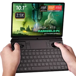 Image of the GPD Win Max 2 2025, a handheld gaming PC with a 10.1-inch 2.5K touchscreen display. It features AMD Ryzen AI Pro 9 HX and Radeon 8000 Series graphics. The device boasts up to 64GB RAM and up to 4TB M.2 SSD storage, with built-in gaming controls and a full QWERTY keyboard. The screen displays a futuristic gaming scene with vibrant visuals, emphasizing its advanced performance capabilities.