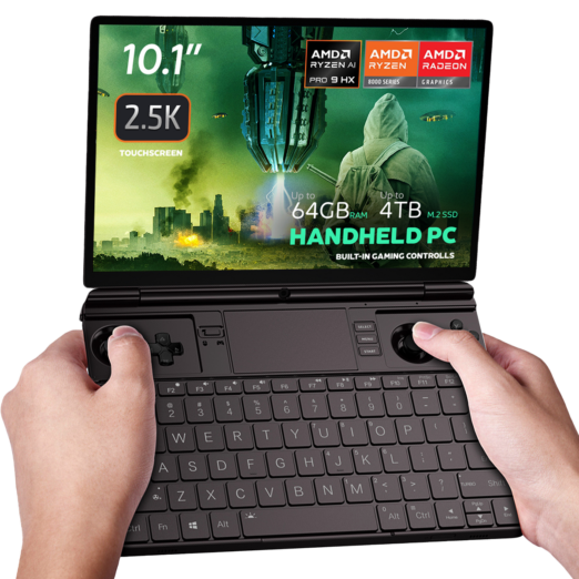 Image of the GPD Win Max 2 2025 a handheld gaming PC with a 101 inch 25K touchscreen display It features AMD Ryzen AI Pro 9 HX and Radeon 8000 Series graphics The device boasts up to 64GB RAM and up to 4TB M2 SSD storage with built in gaming controls and a full QWERTY keyboard The screen displays a futuristic gaming scene with vibrant visuals emphasizing its advanced performance capabilities