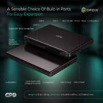 Image showcasing the GPD Win Max 2 2025s ports and expansion options Features include USB 4 USB 32 Gen 2 micro SD and SD slots HDMI 21 and an Oculink SFF 8612 port Includes a 35mm audio jack fingerprint enabled power button and loudspeakers emphasizing easy expansion and accessibility