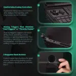 Details of the GPD Win Max 2 2025s analog gaming controls including ergonomic analog sticks triggers with 256 feedback levels for immersive gameplay and two customizable mappable back buttons for enhanced control during gaming