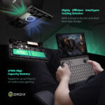 Infographic showcasing the GPD Win Max 2 2025s efficient cooling system with a large turbo fan and dual heat pipe design Includes details on its 67Wh high capacity battery supporting up to 5 hours of continuous gaming