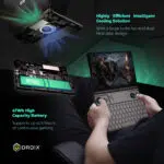 Infographic showcasing the GPD Win Max 2 2025s efficient cooling system with a large turbo fan and dual heat pipe design Includes details on its 67Wh high capacity battery supporting up to 5 hours of continuous gaming