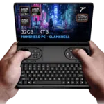 Hands holding the GPD Win Mini 2025 a clamshell handheld PC with a 7 inch 120Hz VRR display powered by AMD Ryzen AI 9 HX 365370 or Ryzen 7 8840U processors Featuring up to 64GB RAM and 4TB NVMe storage it is optimized for gaming and productivity with Hall Effect joysticks a full QWERTY keyboard and stunning cyberpunk themed visuals on the screen