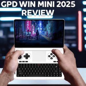 (GPD WIN MINI 2025 Review): A lifestyle shot of a person holding the GPD WIN Mini 2025 in a bright gaming setup. The device features a 7-inch display, full QWERTY keyboard, and gaming controls. The screen shows a vibrant cyberpunk-style background with text overlay: "GPD WIN MINI 2025 REVIEW."