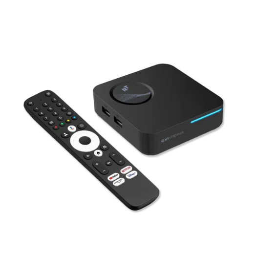 A sleek black RockTek GX1 set top box with a glowing LED strip accompanied by a modern Bluetooth remote control featuring dedicated streaming service buttons