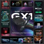 A detailed infographic showcasing the RockTek GX1s advanced features including a Realtek RTD1325 processor 4GB DDR4 RAM 32GB eMMC storage Dolby Vision Dolby Atmos and WiFi 6 capabilities