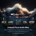 A cinematic image showcasing Dolby Atmos audio technology with a wave like design representing immersive and multidimensional sound quality