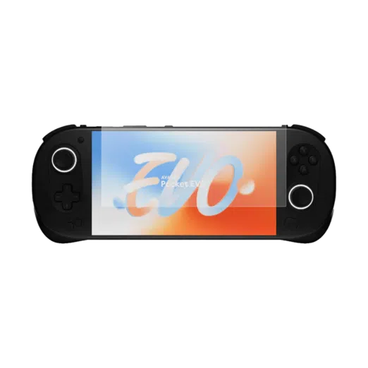 AYANEO Pocket EVO handheld device with a screen protector applied showcasing a crystal clear protective layer that guards the display against scratches and smudges while maintaining vibrant screen clarity and touch responsiveness