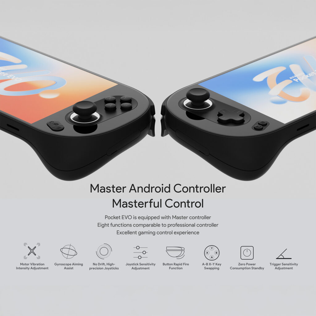 AYANEO Pocket EVO 4 Close-up of the AYANEO Pocket EVO Master Controller in black, featuring high-precision joysticks, trigger buttons, and eight customizable functions for a professional gaming experience.