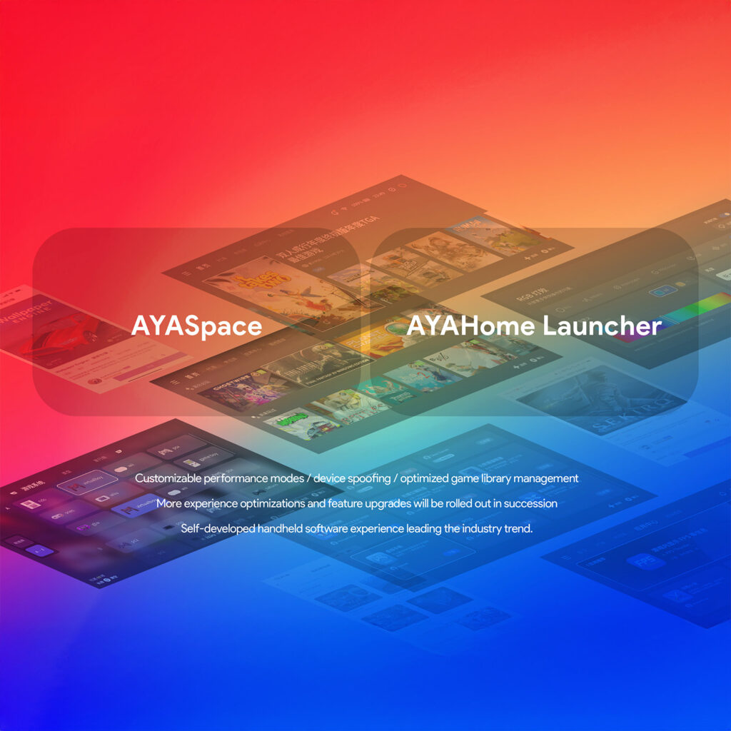 AYANEO Pocket EVO 7 AYASpace and AYAHome launcher interface, showcasing customizable performance modes, optimized game library management, and seamless user experience on the AYANEO Pocket EVO.