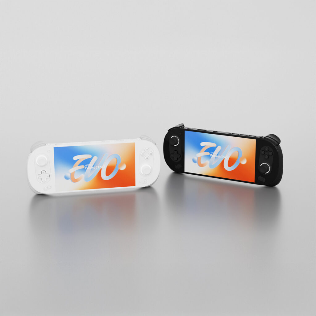 AYANEO Pocket EVO 2 Side-by-side comparison of the white and black variants of the AYANEO Pocket EVO, highlighting its modern and sleek design with a vibrant display.
