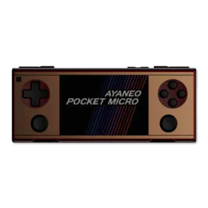 Front view of the AYANEO Pocket Micro in Gold (described as "Retro Gold"), displaying the same game as the black version. This image highlights the device's color variety while maintaining identical button layout and screen display.